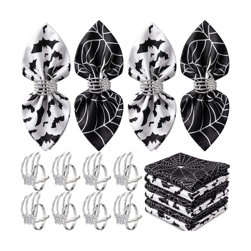 Qinyoung 8 Sets Halloween Cloth Napkins and Skeleton Claw Napkins Rings