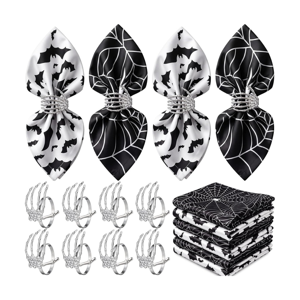 Qinyoung 8 Sets Halloween Cloth Napkins and Skeleton Claw Napkins Rings