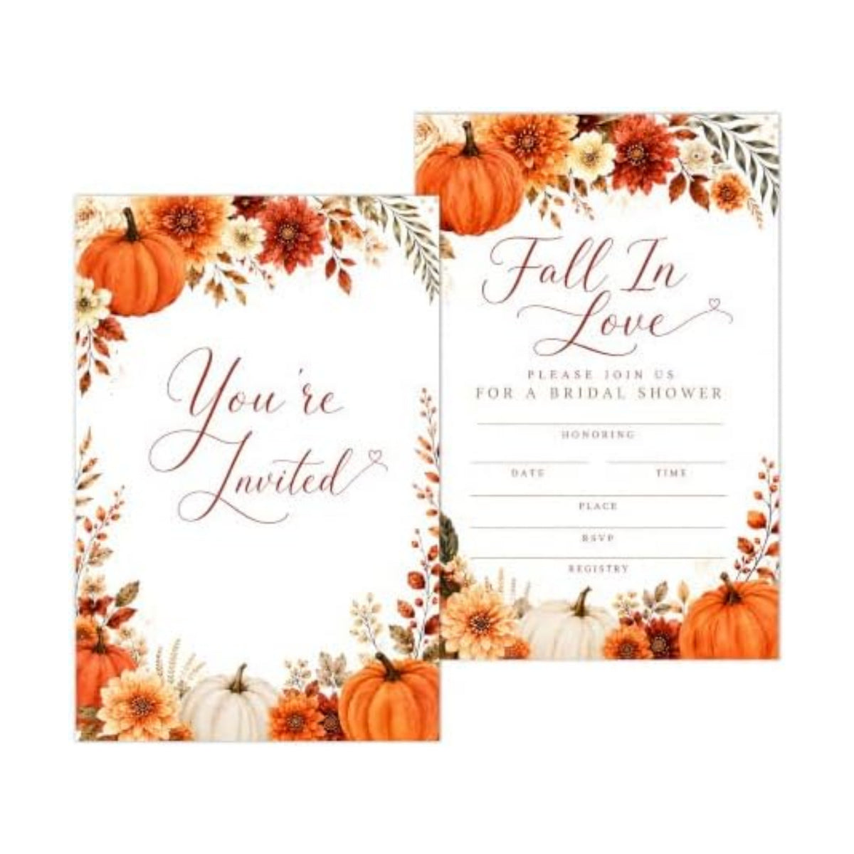 Fall in Love Bridal Shower Invitations, Fill In Style Invites With Envelopes for Fall Wedding Reception, Floral Pumpkin Bridal Shower Invitations, Bride To Be Double-Sided Invite Cards, 4 x 6 Inch Set of 25-A03