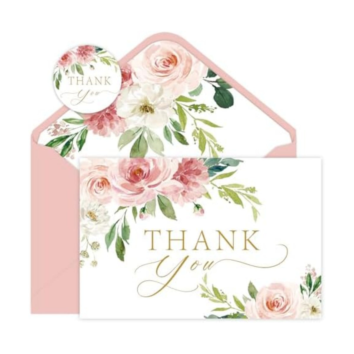 100 Pack Pink Thank You Cards with Envelopes, Floral Thank You Cards