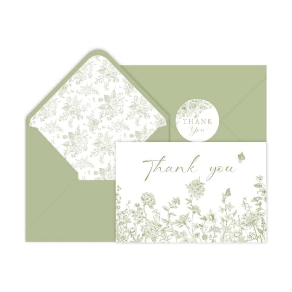 100 Pack Green Floral Thank You Cards With Envelopes Stickers