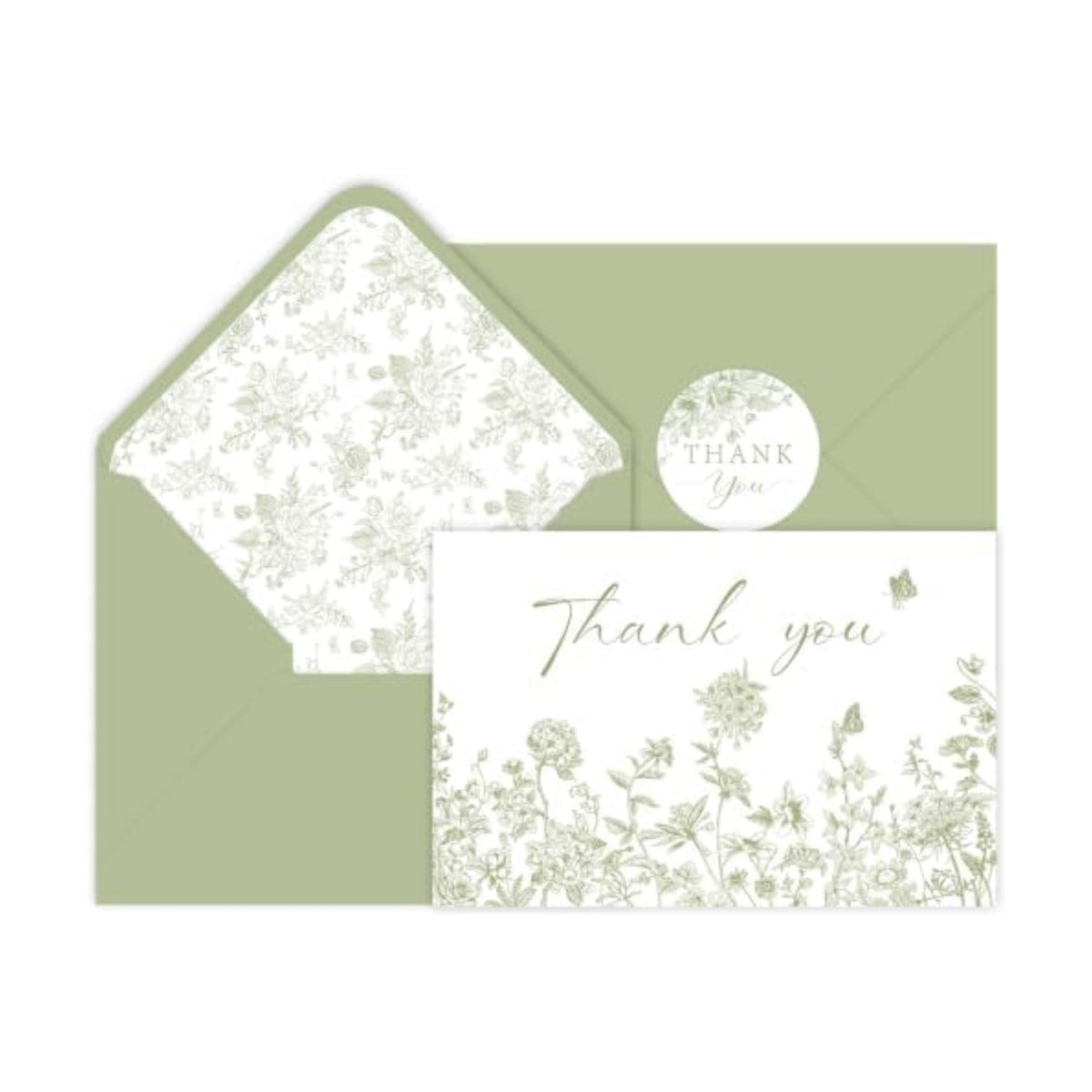 100 Pack Green Floral Thank You Cards With Envelopes Stickers