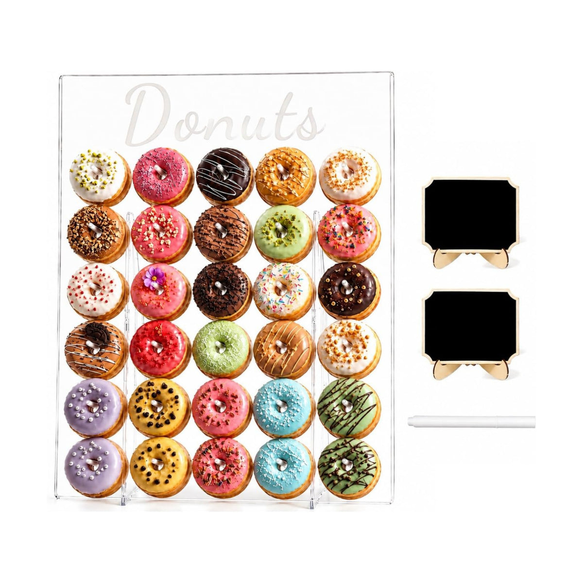 Large Acrylic Donut Wall Display Stand with 30 Pegs and 2 Chalkboard Signs