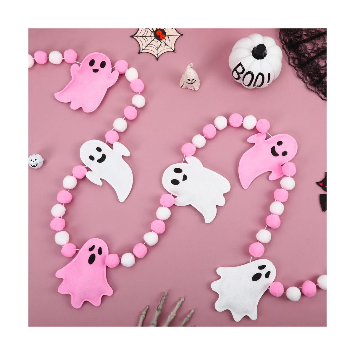 Jansun Pink Ghost Garland 3D Felt Halloween Banner for Fireplace Decor
