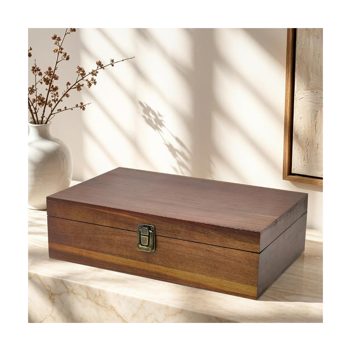 Wooden Keepsake Box with Hinged Lid – 13.78″ Large Memory Storage Organizer for Photos, Letters, Jewelry & Time Capsules, Rustic Home Decor Gift Box