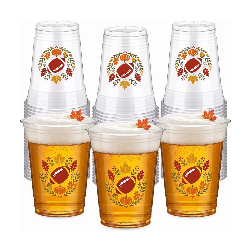 Willinglong 50 Pcs Fall Football Plastic Cups 12 oz for Party