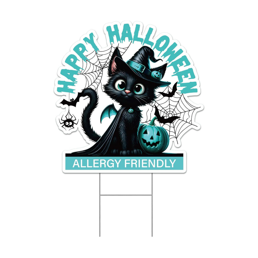Happy Halloween Yard Sign - Teal Pumpkin Allergy Friendly Decorations Outdoor Decorative Cute Black Cat Yard Stakes for Garden Lawn Backyard Pathway Plastic Halloween Home Party Decor