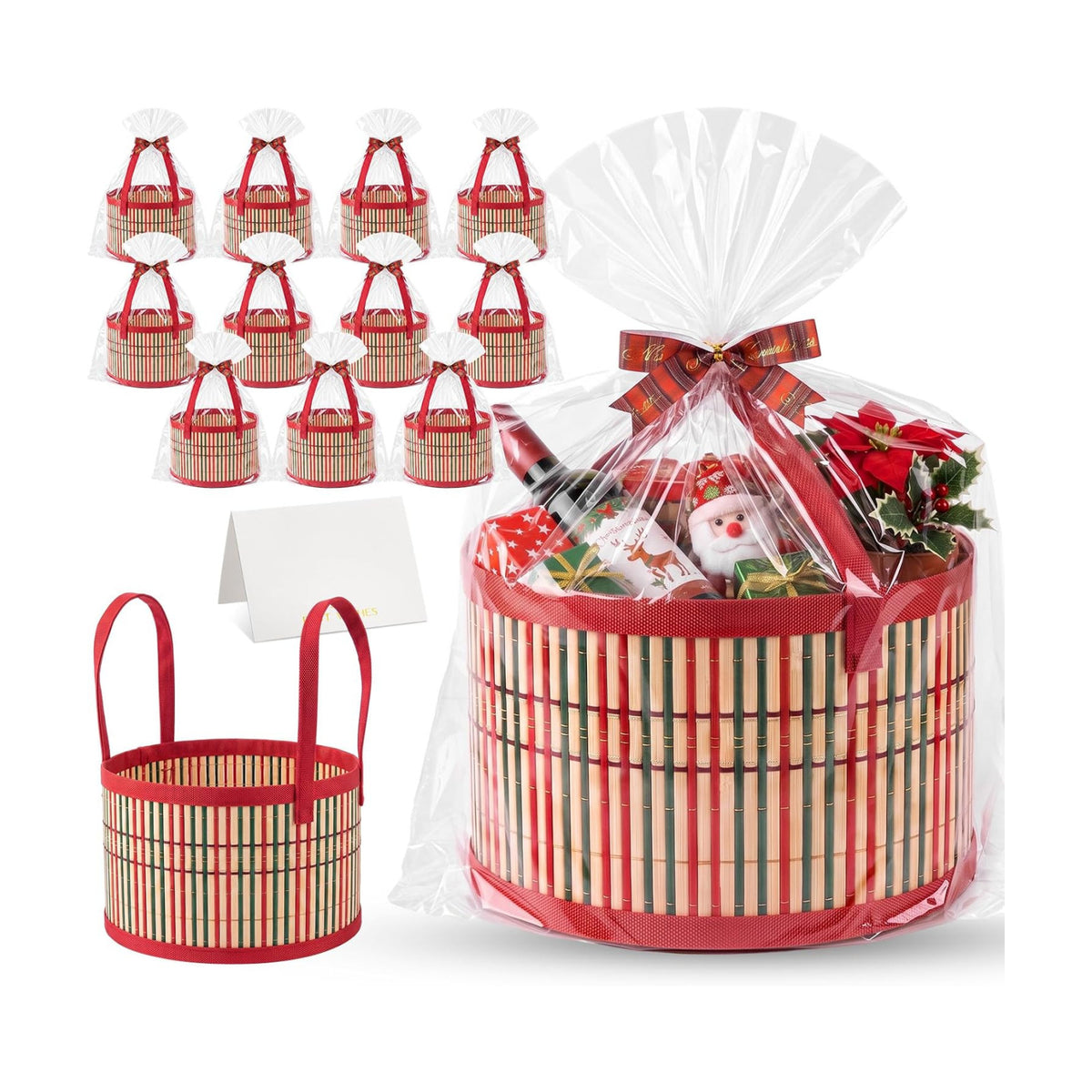 Weysat 12 Set Baskets for Gifts Empty Bulk, Large Woven Bamboo Gift Basket Kit with Handles, Bow, Wrap Bag to Fill for Raffle Thanksgiving Day Wedding Birthdays Party Wrapping (Red and Green)
