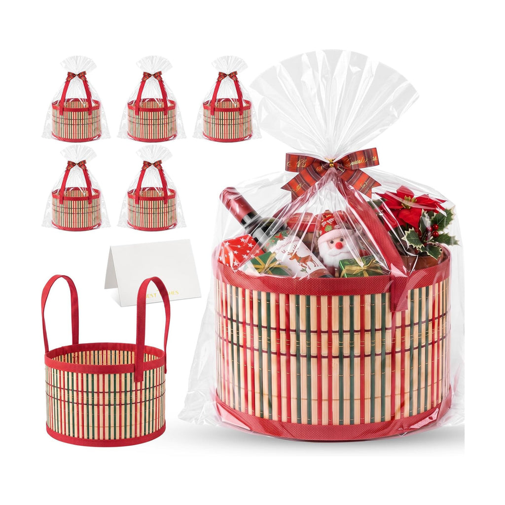 Weysat 6 Set Baskets for Gifts Empty Bulk, Large Woven Bamboo Gift Basket Kit with Handles, Bow, Wrap Bag to Fill for Raffle Thanksgiving Day Wedding Birthdays Party Wrapping (Red and Green)