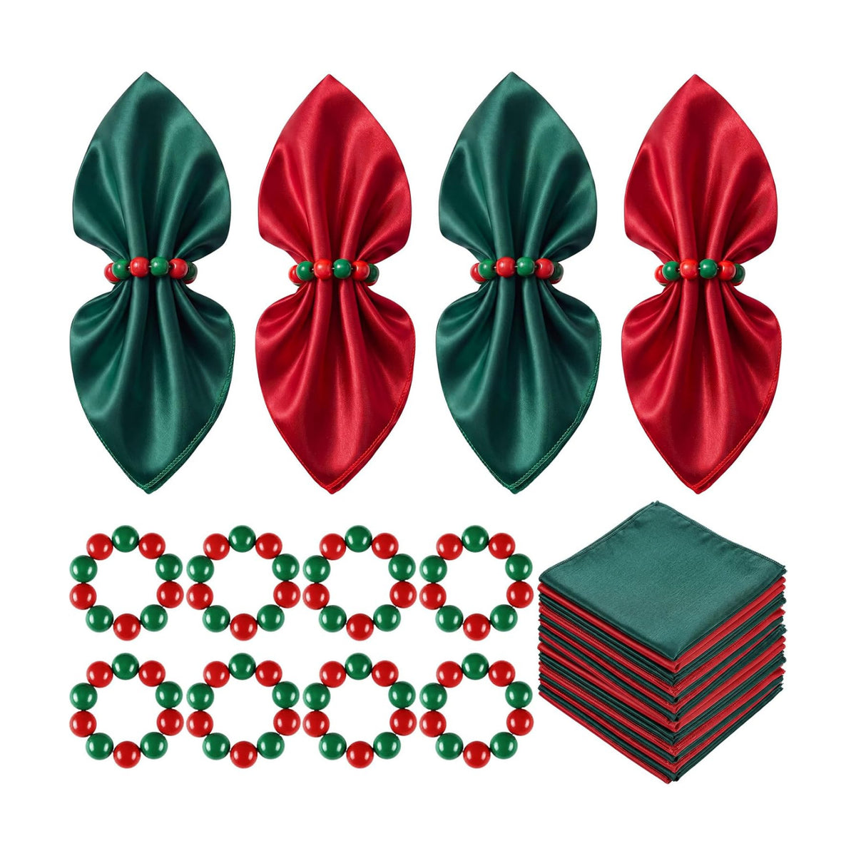 Qinyoung 8 Sets Christmas Cloth Napkins and Napkins Rings Holders Red Green