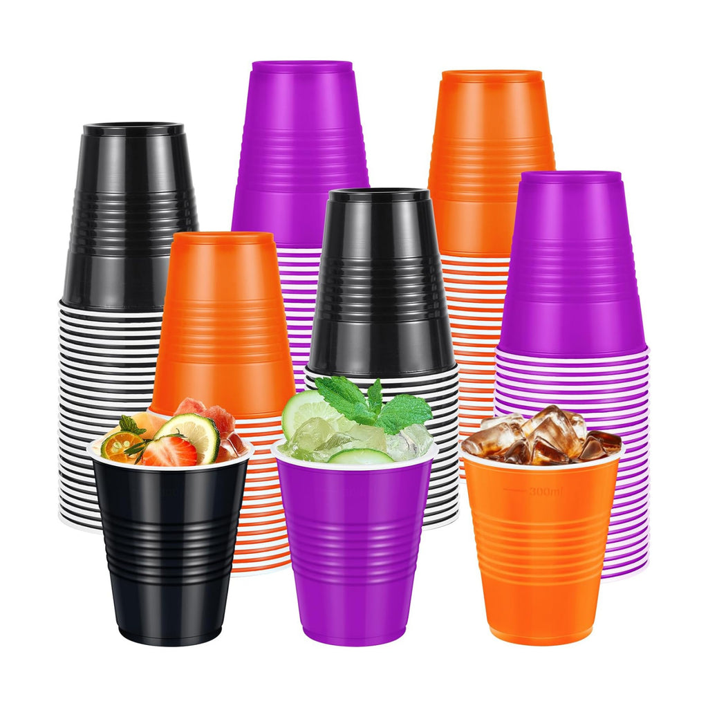 100 Pcs Bulk Halloween Plastic Cups 12 oz, Black Orange Purple Party Cups