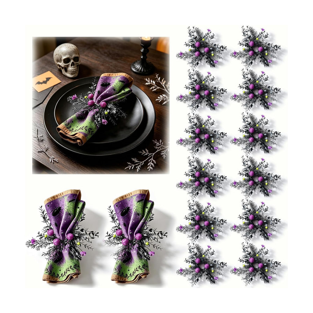 12 Pcs Halloween Spooky Beetle Spider Napkin Rings Artificial Black Foliage Purple Glitter Ball Green Bead Purple Flower Wreath Napkin Ring Holder Buckles for Halloween Gothic Dinner Haunted House
