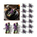 12 Pcs Halloween Spooky Beetle Spider Napkin Rings Artificial Black Foliage Purple Glitter Ball Green Bead Purple Flower Wreath Napkin Ring Holder Buckles for Halloween Gothic Dinner Haunted House