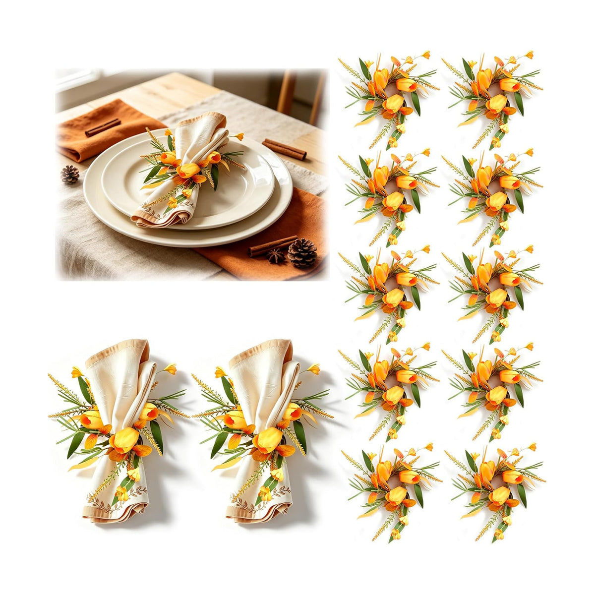 12 Pcs Fall Thanksgiving Napkin Rings Artificial Yellow Flower Golden Wheat Green Leaf Orange Autumn Foliage Wreath Napkin Ring Holder Buckles for Autumn Harvest Family Birthday Party Table Supplies