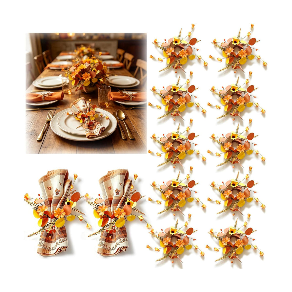 12 Pcs Fall Thanksgiving Napkin Rings Artificial Orange Yellow Flower Leaf Berry Fern Foliage Wreath Napkin Ring Holder Buckles for Autumn Harvest Wedding Birthday Family Dinner Party Table Supplies
