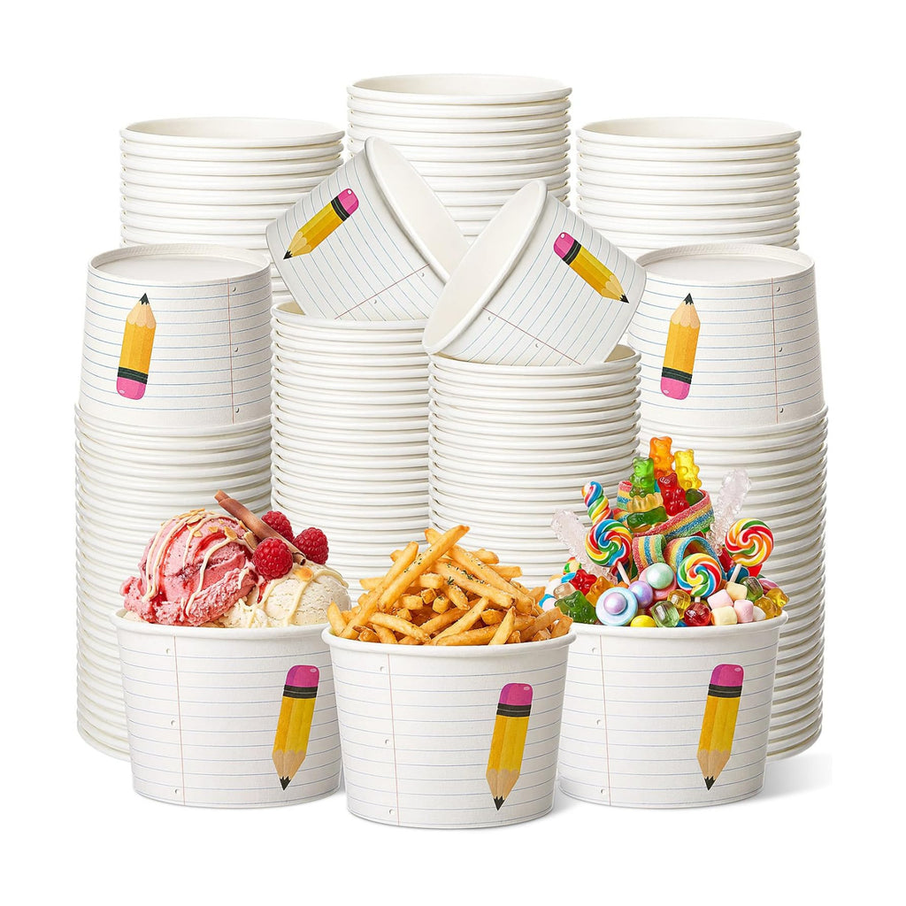 Maxdot 50 Pcs Back to Snack Bowls Cups 9 oz Pencil Notebook Line Paper Bowls First Day of School Disposable Ice Cream Dessert Cups for Classroom Party Supplies