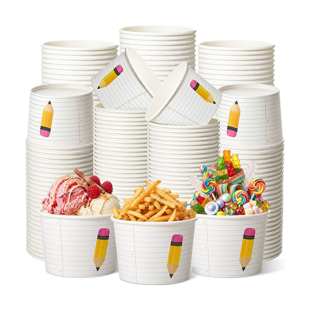 Maxdot 50 Pcs Back to Snack Bowls Cups 9 oz Pencil Notebook Line Paper Bowls First Day of School Disposable Ice Cream Dessert Cups for Classroom Party Supplies