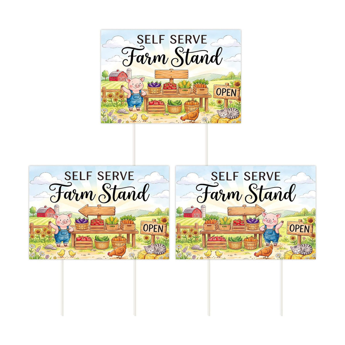 Rngmsi Pig and Vegetable Farm Stand Directional Arrow Sign Set 3pc