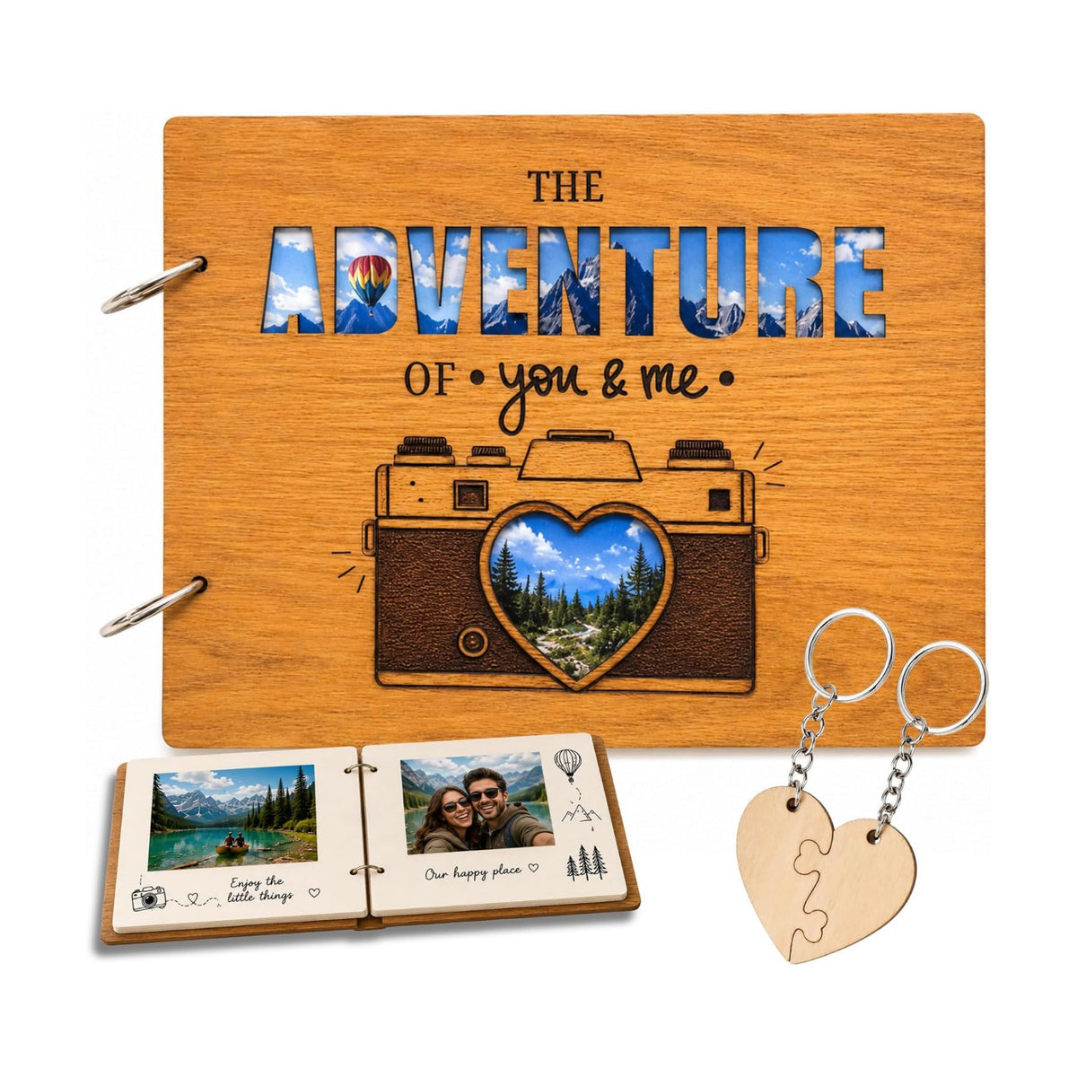 Our Adventure Book Scrapbook for Couples, Wooden Travel Photo Album Kit with Matching Puzzle Heart Keychains, Memory Book for Anniversary, Wedding, Honeymoon, Boyfriend Girlfriend