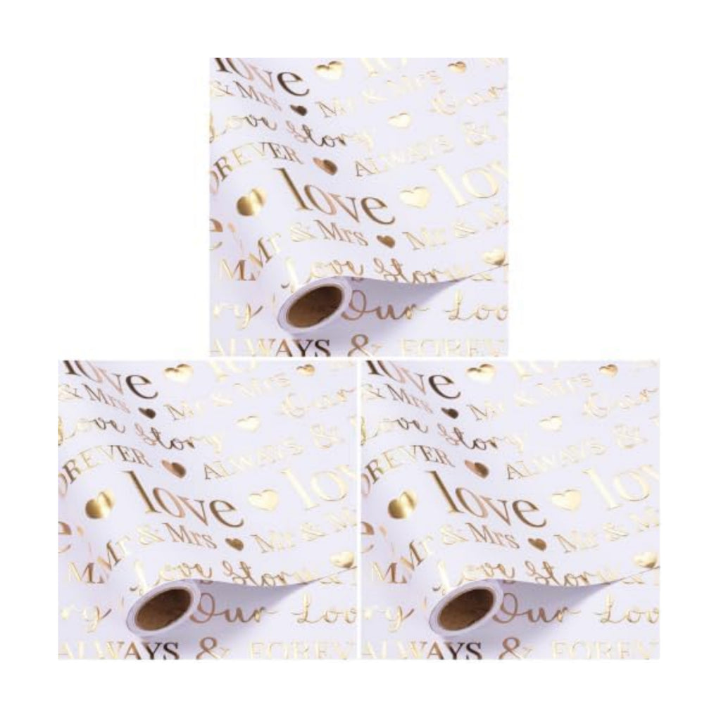 RUSPEPA Wrapping Paper Roll, Bridal Shower Gift Wrap, Mini Roll, 17 Inches x 16.5 Feet, White and Gold Foil LOVE Design for Wedding, Anniversary, Engagement (Pack of 3)