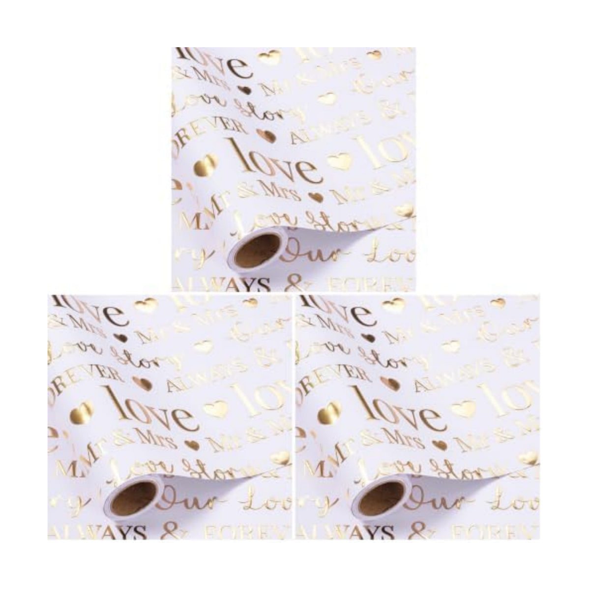 RUSPEPA Wrapping Paper Roll, Bridal Shower Gift Wrap, Mini Roll, 17 Inches x 16.5 Feet, White and Gold Foil LOVE Design for Wedding, Anniversary, Engagement (Pack of 3)