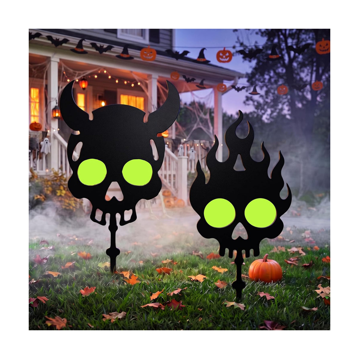Halloween Solar Lighted Yard Stakes, 4-Pack (Skull Glow Yard Stakes)