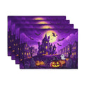 Purple Halloween Placemats Set of 4 Castle Witch Bats Pumpkin Spooky Place Mats Farmhouse Fall Holiday Table Mats for Party Kitchen Dining Outdoor Indoor Decor