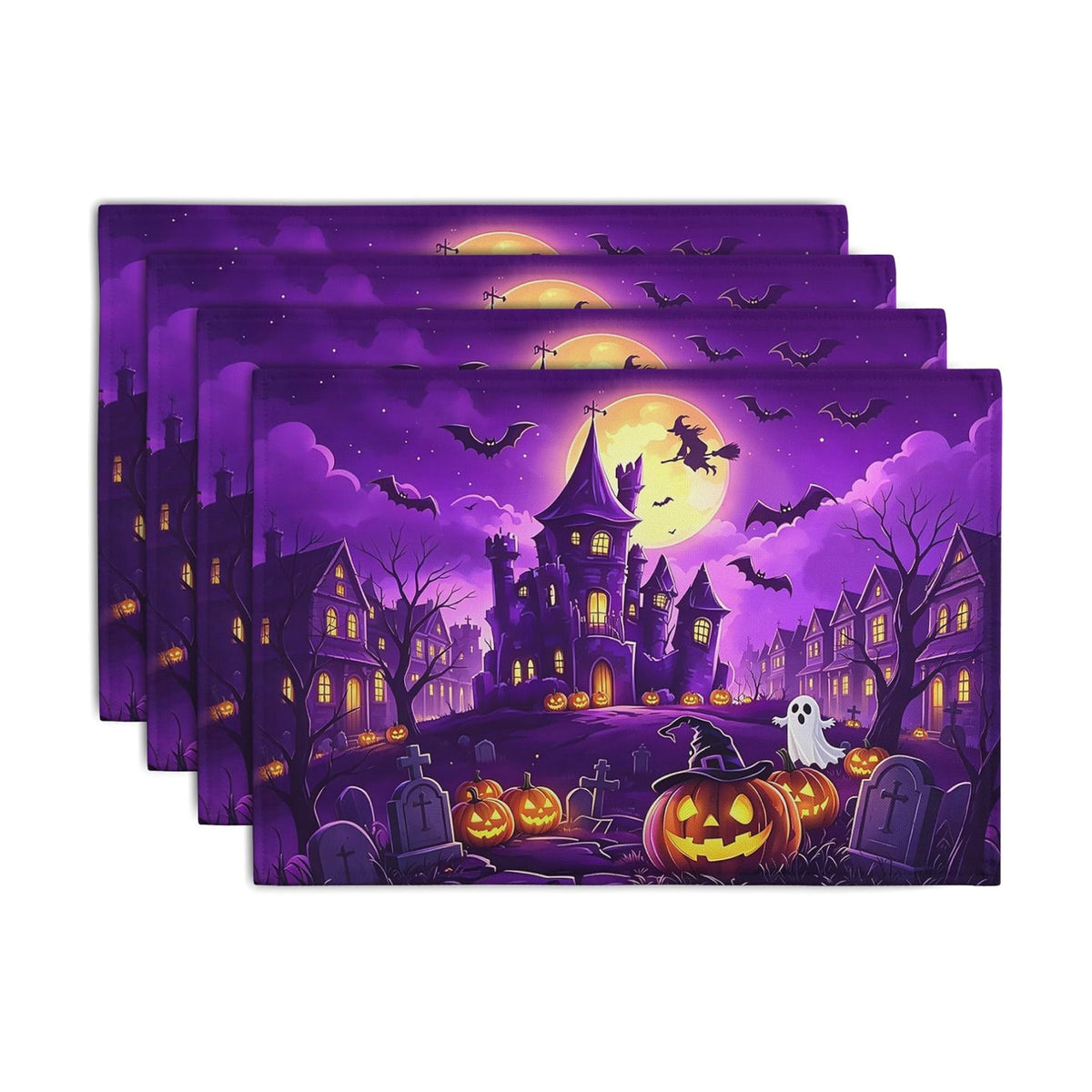 Purple Halloween Placemats Set of 4 Castle Witch Bats Pumpkin Spooky Place Mats Farmhouse Fall Holiday Table Mats for Party Kitchen Dining Outdoor Indoor Decor