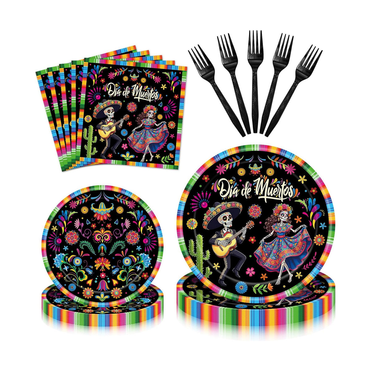 100 Pieces Día de Muertos Party Tableware Set – Disposable Sugar Skull Plates, Napkins and Black Forks for Day of the Dead Party, Mexican Fiesta, Halloween Celebration– Serves 25 Guests