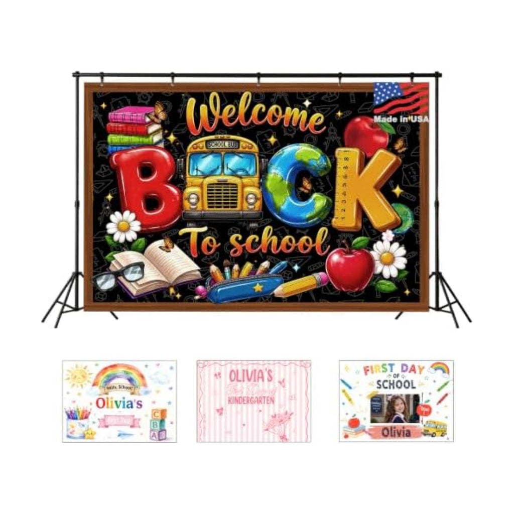 Custom Back to School Backdrop, Personalized First Day of School Photography Backdrop with Photo, Name & Grade, Welcome Back to School Decorations for Classroom, Photo Booth, Wall & Home, Made in USA
