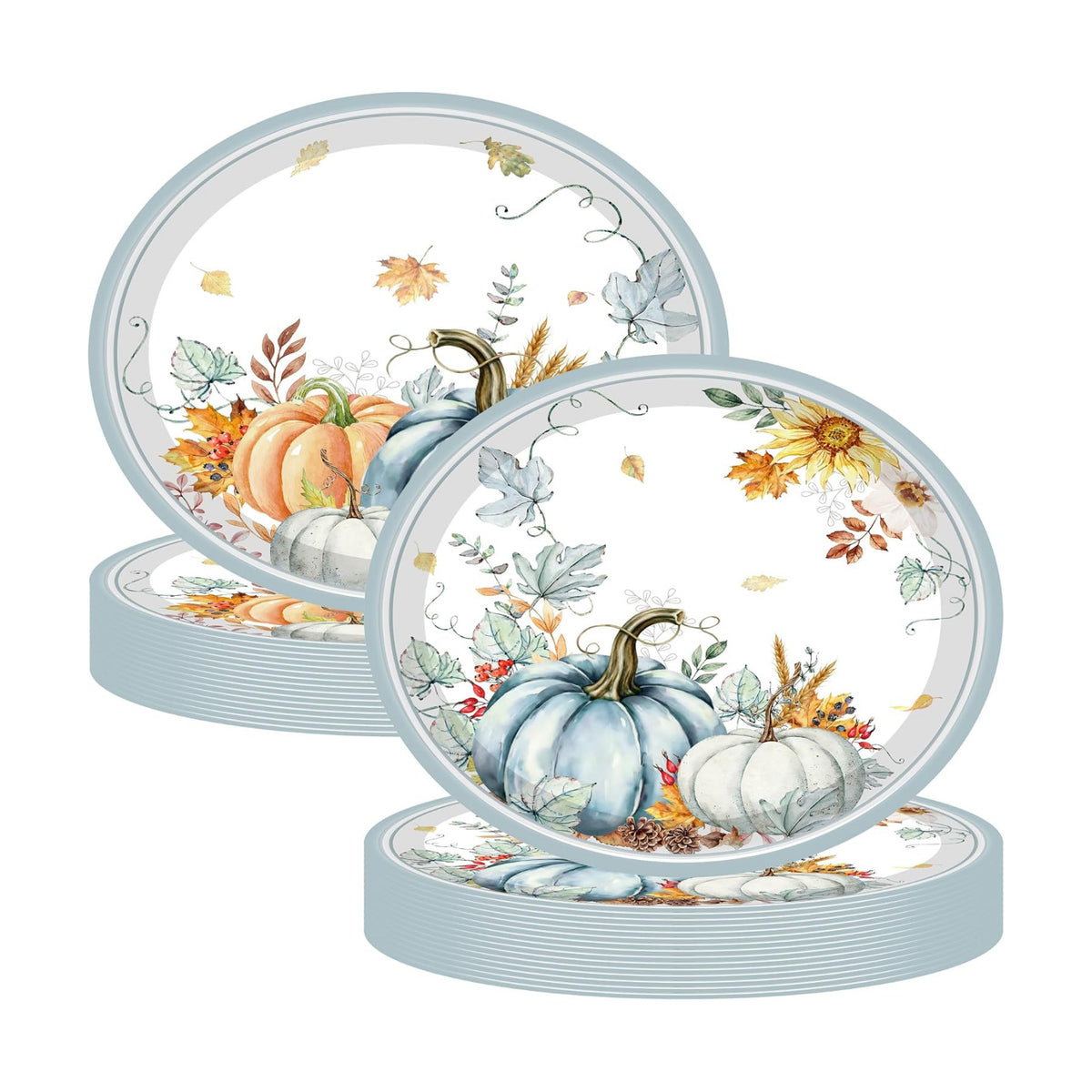 50Pcs Thanksgiving Oval Paper Plates 10" x 12" Fall Watercolor Pumpkins