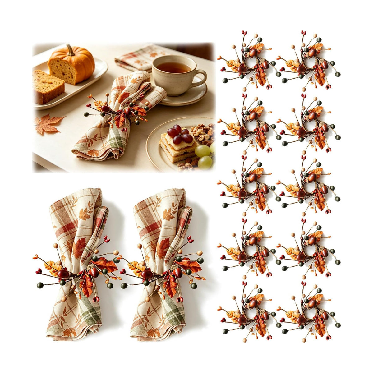 12 Pcs Fall Thanksgiving Napkin Rings Artificial Maple Leaf Acorn Berry Wreath Napkin Ring Holder Buckles for Autumn Harvest Party Thanksgiving Day Wedding Family Dinner Holiday Table Supplies