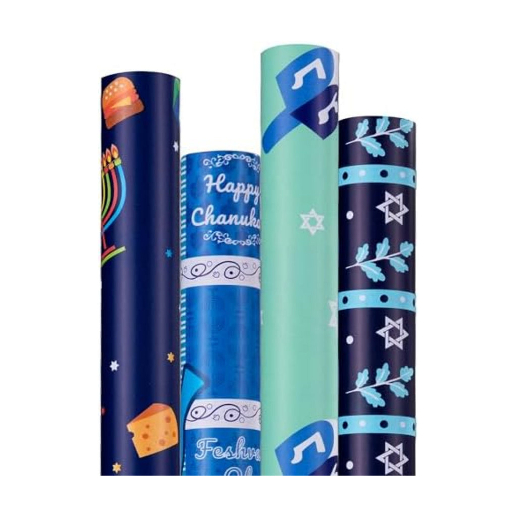 Hanukkah Wrapping Paper (4 Rolls, 93 sq. ft. ttl) Menorahs, Dreidels, Stripe and Star of David Design for Holiday Gift Wrap - Traditional Hanukkah Elements Collection - 17 Inches x 16.5 Feet Per Roll
