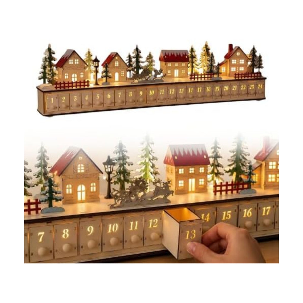 32 inch Light-Up Wooden Christmas Village Advent Calendar with 24 Drawers