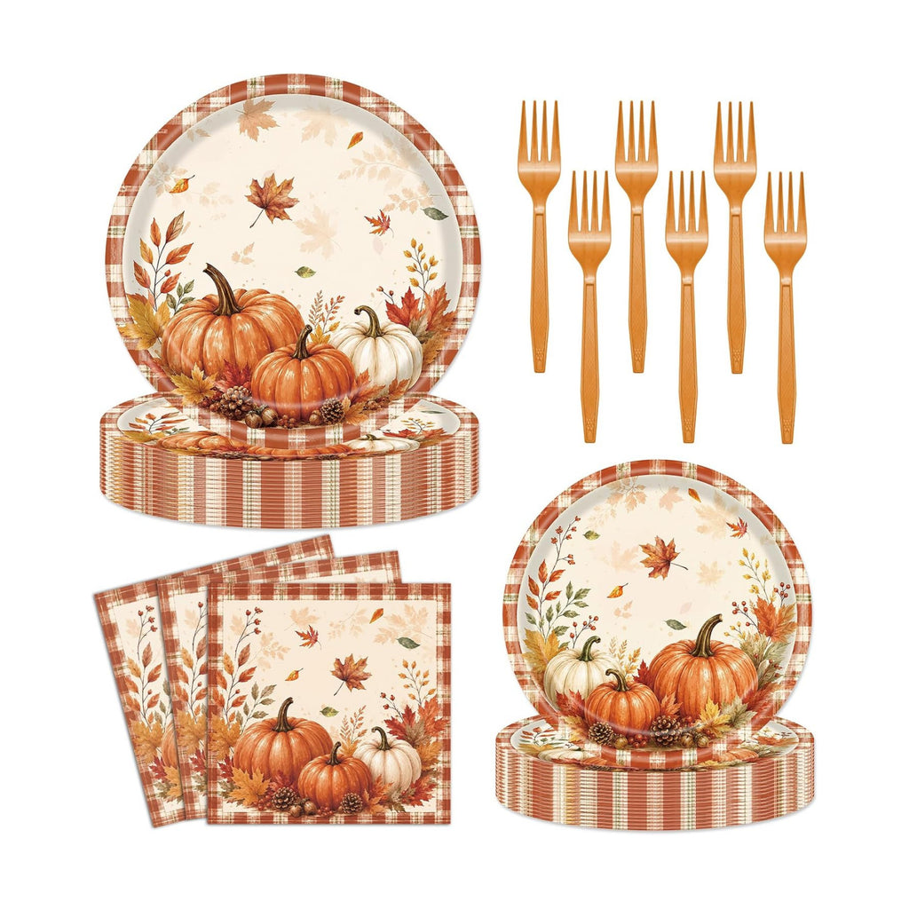 96 Pieces Fall Pumpkin Plates and Napkins, Autumn Thanksgiving Theme Maple Leaf Disposable Tableware with Paper Plates Napkins and Forks for Autumn Harves Thanksgiving Party Supplies - Serves 24