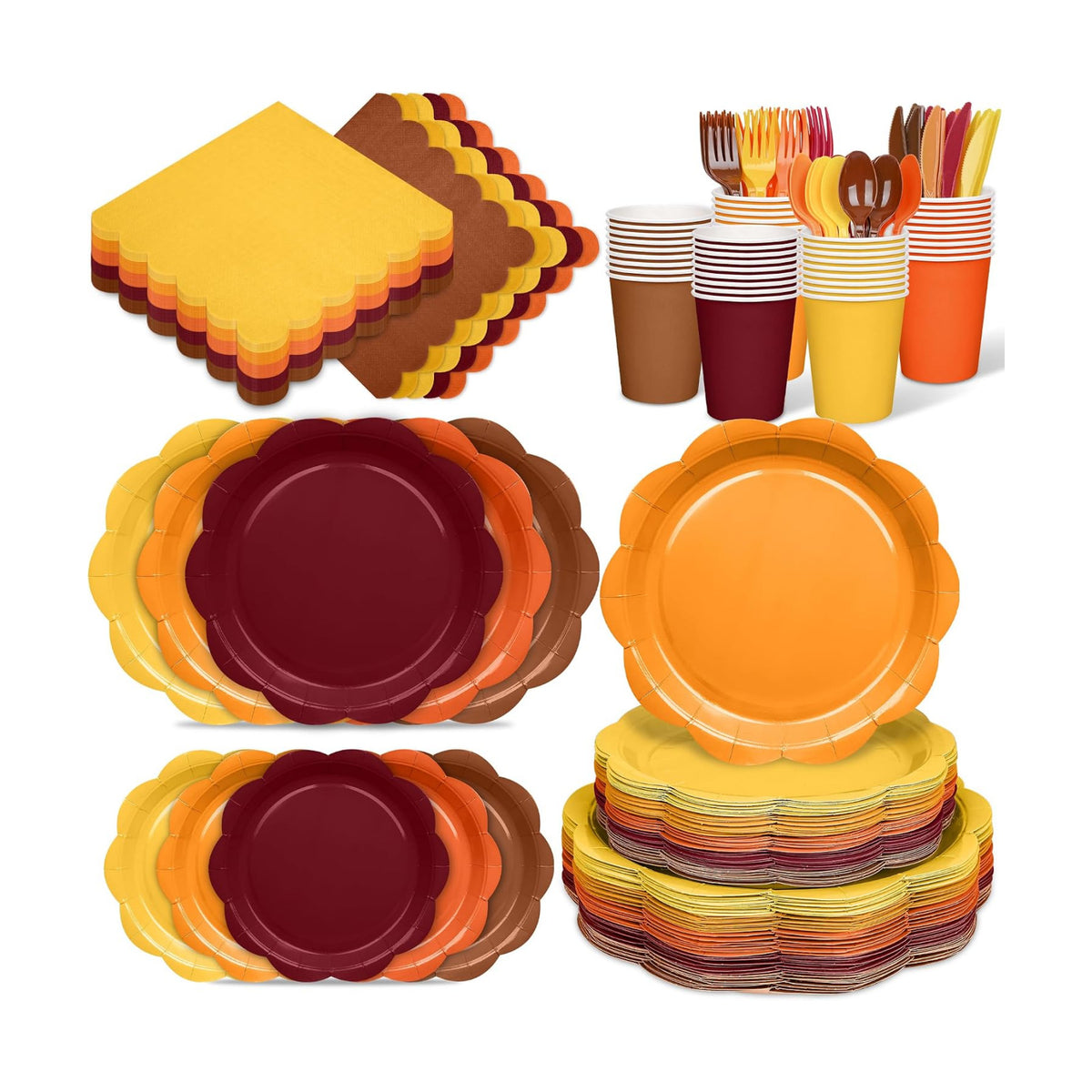 350 Pcs Orange Brown Fall Party Supplies - Red Orange Yellow Autumn Tableware set Include Gradient Scalloped Plate Napkin Cup & Cutlery for Thanksgiving, Fall Wedding, Harvest Party