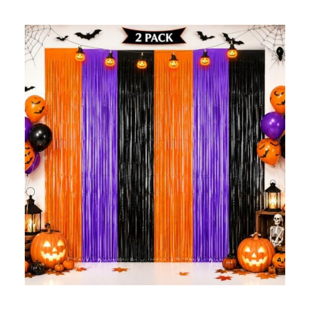 JINSUI Halloween Decorations Orange Purple Black Tinsel Backdrop 2 Pack