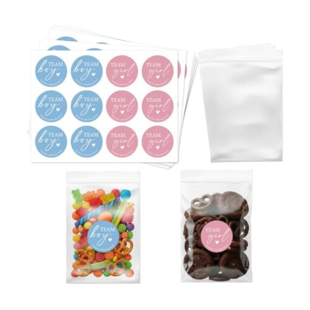 Gender Reveal Party Favor Bags, 120 Team Boy or Girl Stickers and 120 Clear Treat Bags, 1.6 Inch Pink and Blue Labels for Candy, Snacks and Baby Shower Decorations