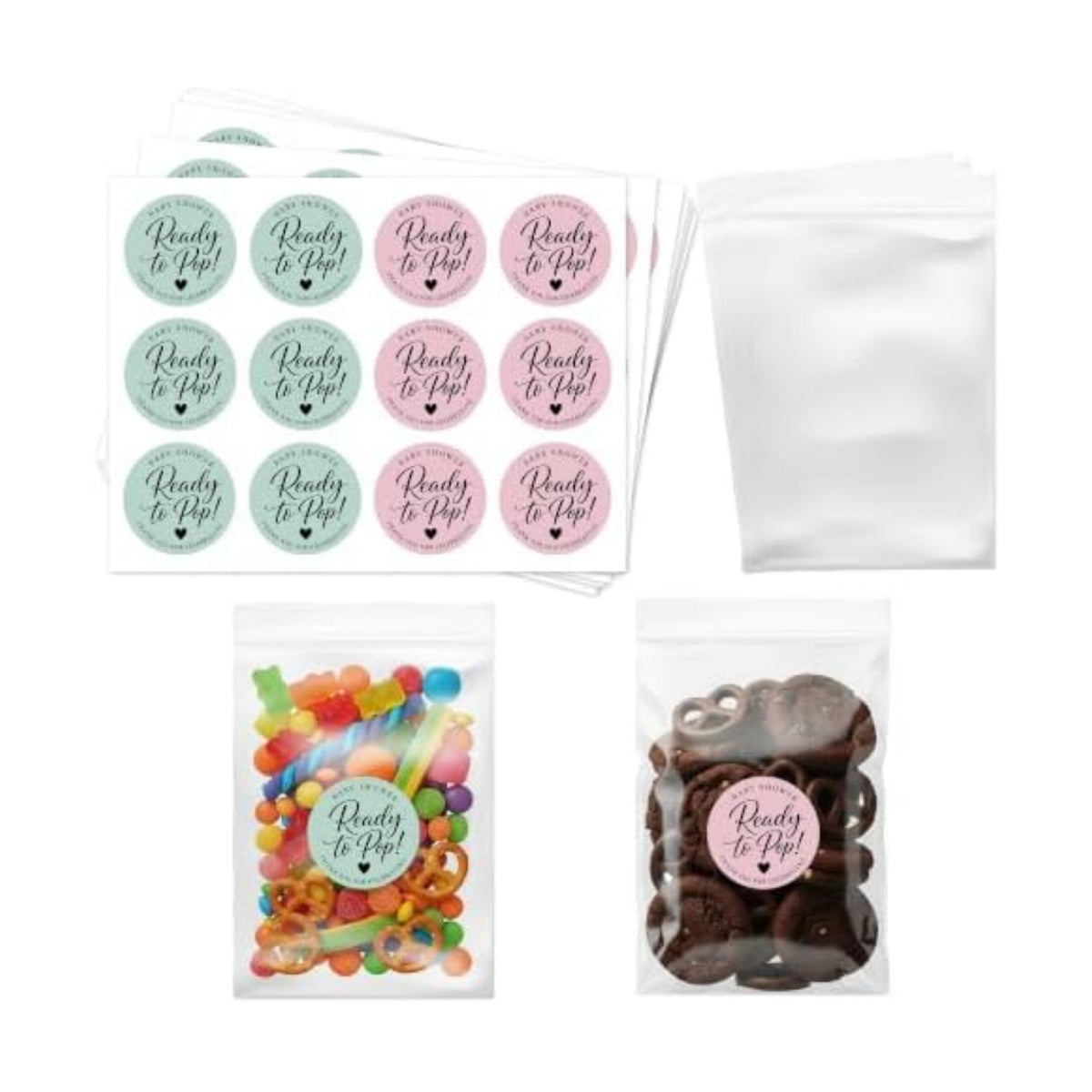 Ready to Pop Baby Shower Favor Bags, 120 Stickers and 120 Clear Treat Bags, 1.6 Inch Blush Pink and Sage Green Popcorn Labels for Boho Baby Shower Decorations