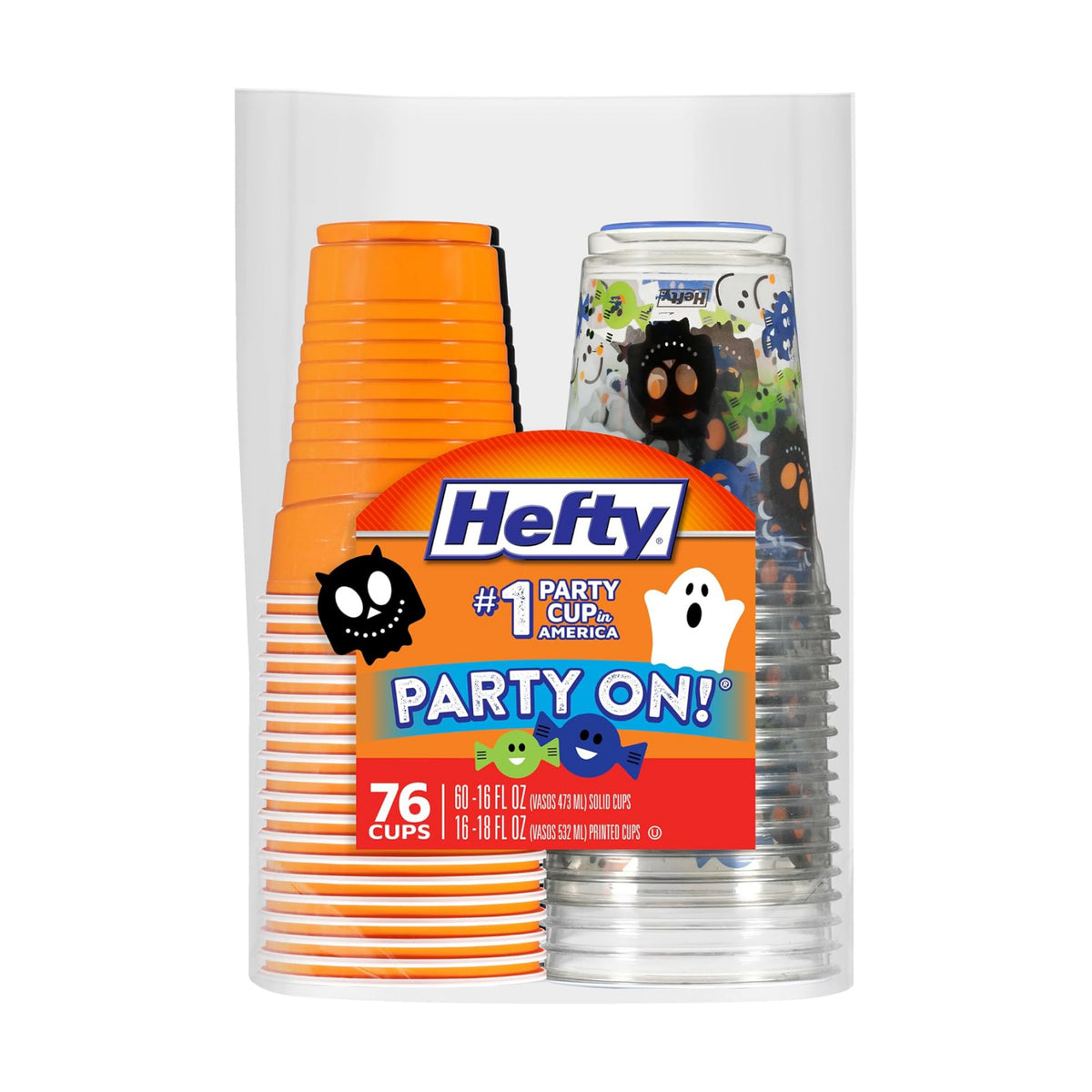 Hefty Party On Disposable Cups, Assorted Halloween Colors and Print, 76ct