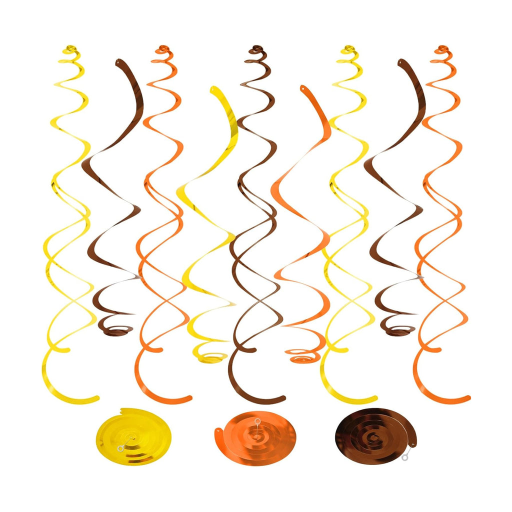 24 PCS Gold Brown Orange Hanging Swirl,Sparkle Ceiling Hanging Decorations,Plastic Streamer Party Decorations with Double-Swirls and Single-Swirls for Fall Birthday, Harvest, Thanksgiving Day,Wedding