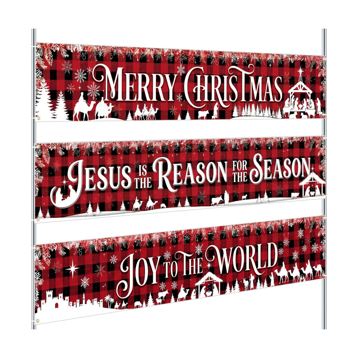 Remagr 3 Pcs Christmas Nativity Banner 98 x 18 Inch Party Decorations Outdoor Yard Sign Backdrop, Red Buffalo Plaid Jesus Birth Wall Decor for Christian Xmas Celebration Lawn Garden(Jesus)