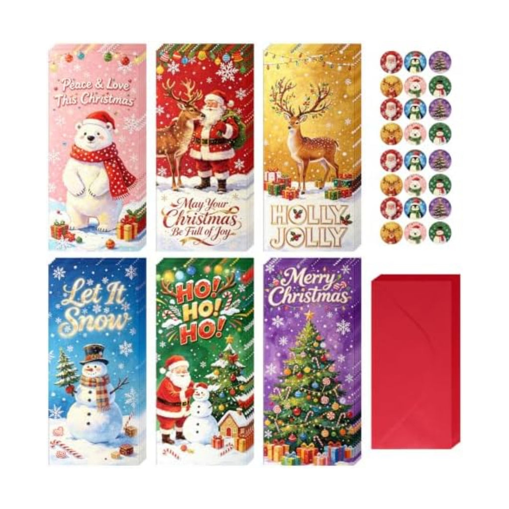 Jaywayang 24 Pack Christmas Money Holders Cards, 6 Styles Xmas Cash Gift Card with Red Envelopes & Holiday Sealing Stickers