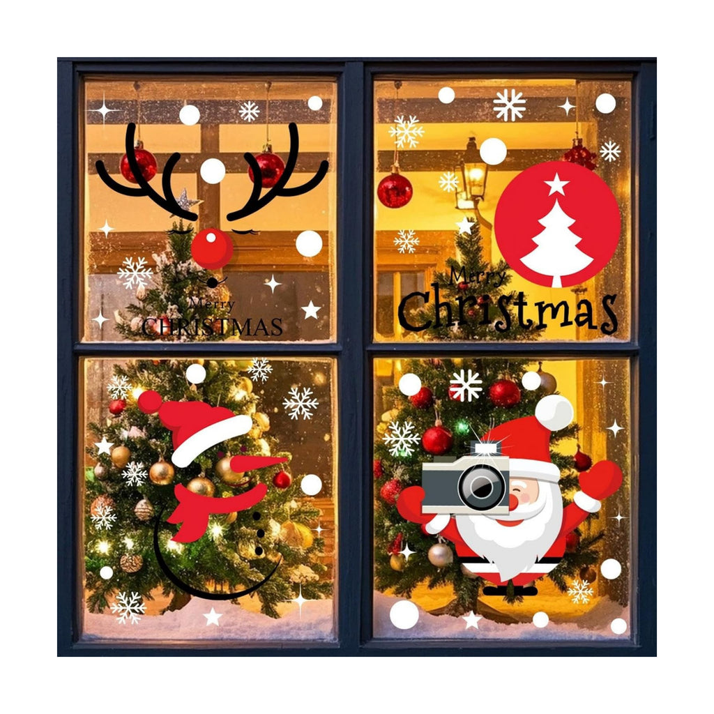 4 Sheets Merry Christmas Window Clings Cute Santa Claus Window Stickers Double Sided Snowflake Glass Decals Snowman Reindeer Window Decal for Home Classroom Nursery Party