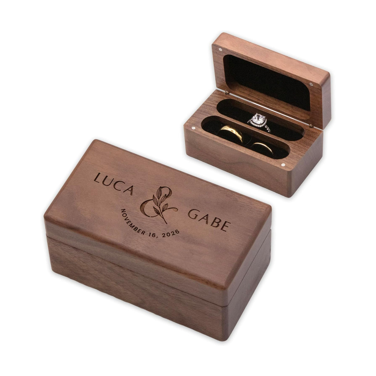 Custom Name & Date Ring Box - Personalized Botanical Walnut Wood Holder