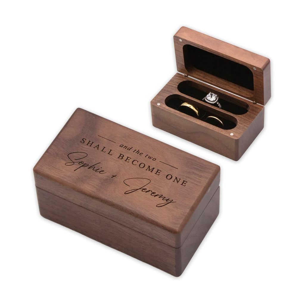 MUUJEE Custom Name Wedding Ring Box - Quad Slot Walnut Wood Ring Holder