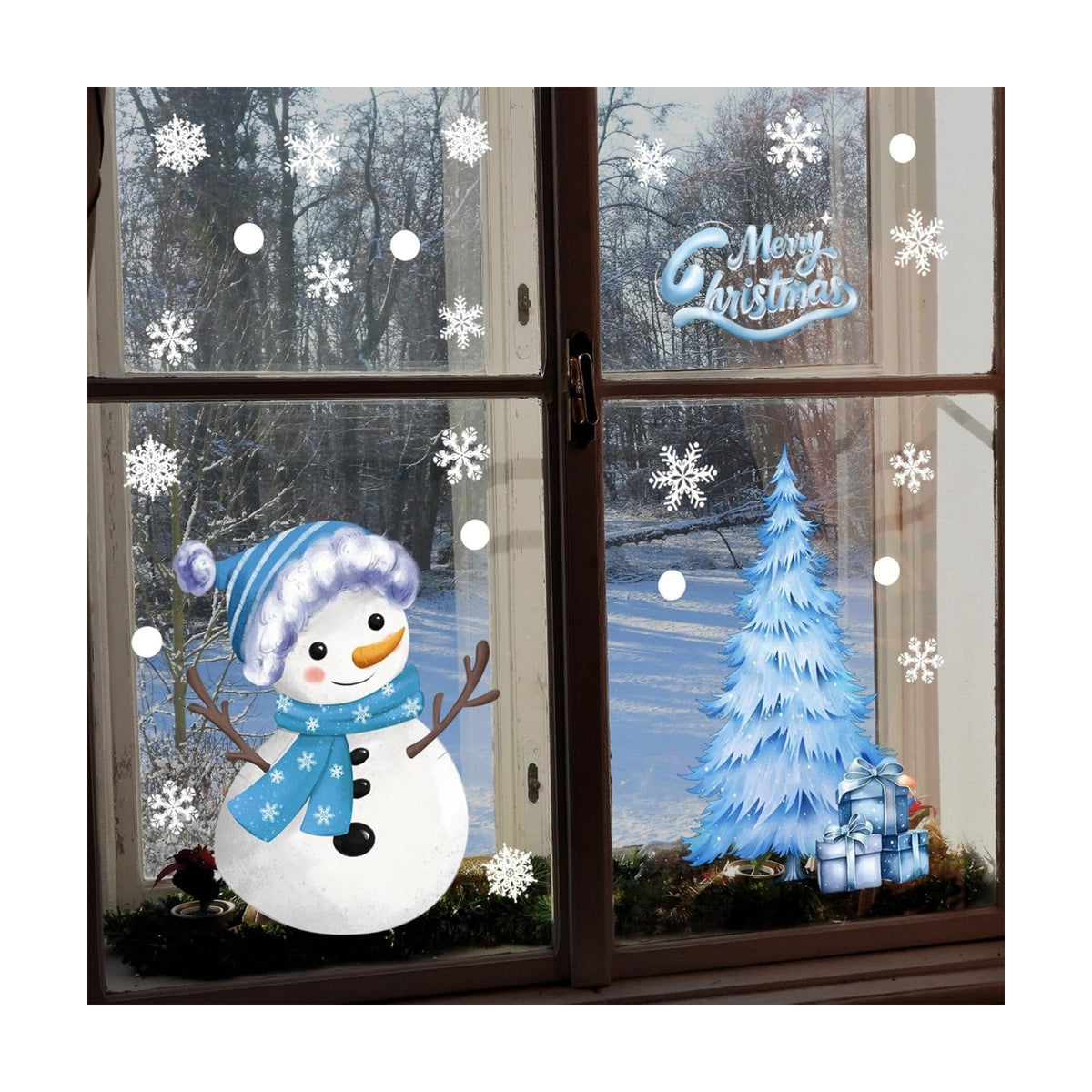Winter Snowflake Window Clings Merry Christmas Window Stickers Double Sided Cute Snowman Window Decals Reusable Christmas Tree Glass Display Decoration for Home Office Classroom Party