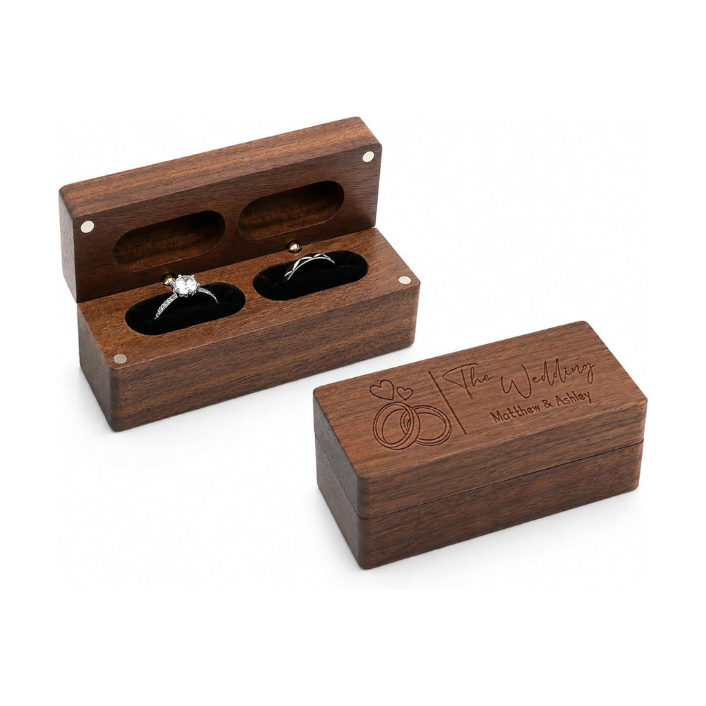 Personalized Wedding Ring Box Engraved with Name Date Text, Custom 2 Slot Wooden Ring Bearer Boxes for Ceremony Proposal Anniversary Engagement Gifts for Couples Bride Groom Him Her (Rectangle