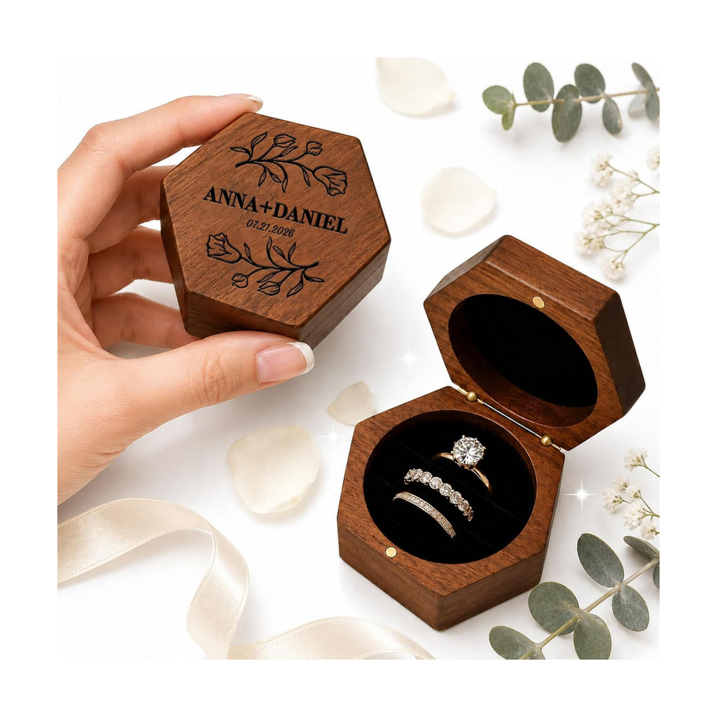 Personalized Wedding Ring Box, Custom Name and Date, Hexagon 3-Slot Design