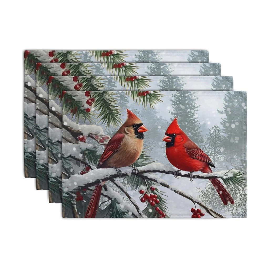 Christmas Placemats Set of 4 Red Cardinal Birds Snowy Place Mats